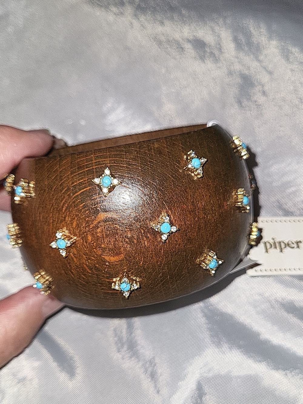 Piper K Brown Wood Cuff with Turquoise and Gold Accents Bnwt Rt Th